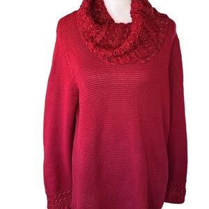 Dana Bachman Women’s Long Sleeved Cowl Neck Sweater WOrnate Crocheted Neck/Cuffs